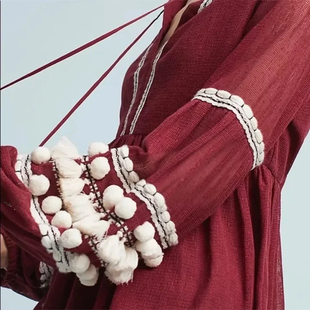 Anthropologie Burgundy Peasant Blouse with White Tassels